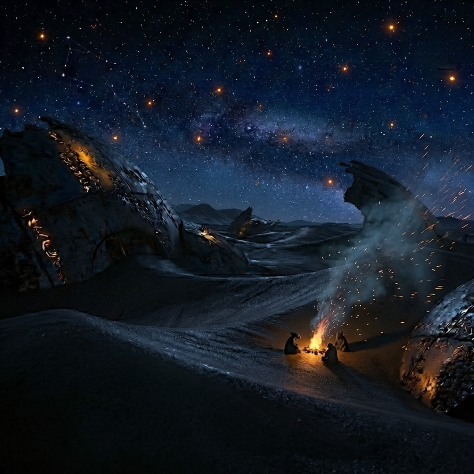 Three figures around a campfire in a dark desert beneath a star-filled sky, surrounded by the half-buried metallic ruins of a lost civilization.